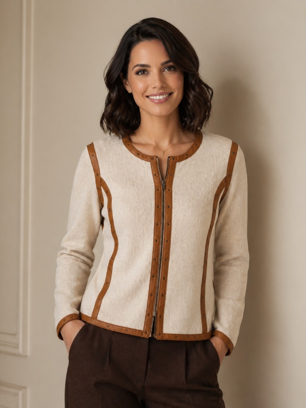 Sigrid Olsen Silk Cotton Cardigan S Leather Trim Old Money Academia Preppy Chic